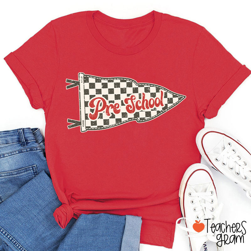 Personalized Grade Checkered Pennant Flag Vintage Retro Preschool Teacher T-Shirt