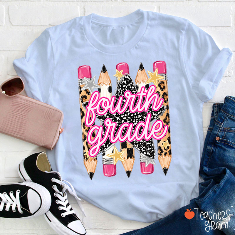 Personalized Grade Name Leopard Star Pencil Teacher T-Shirt