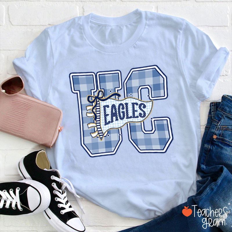 Personalized Mascot Gingham Varsity Letter Bow Teacher T-Shirt