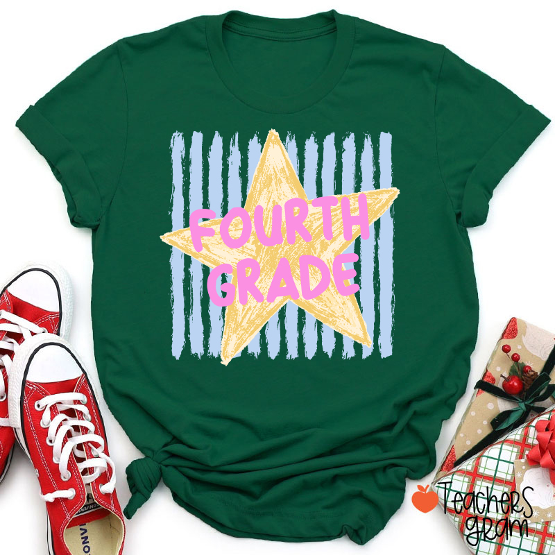 Personalized Grade Stripe Star Pattern Teacher T-Shirt