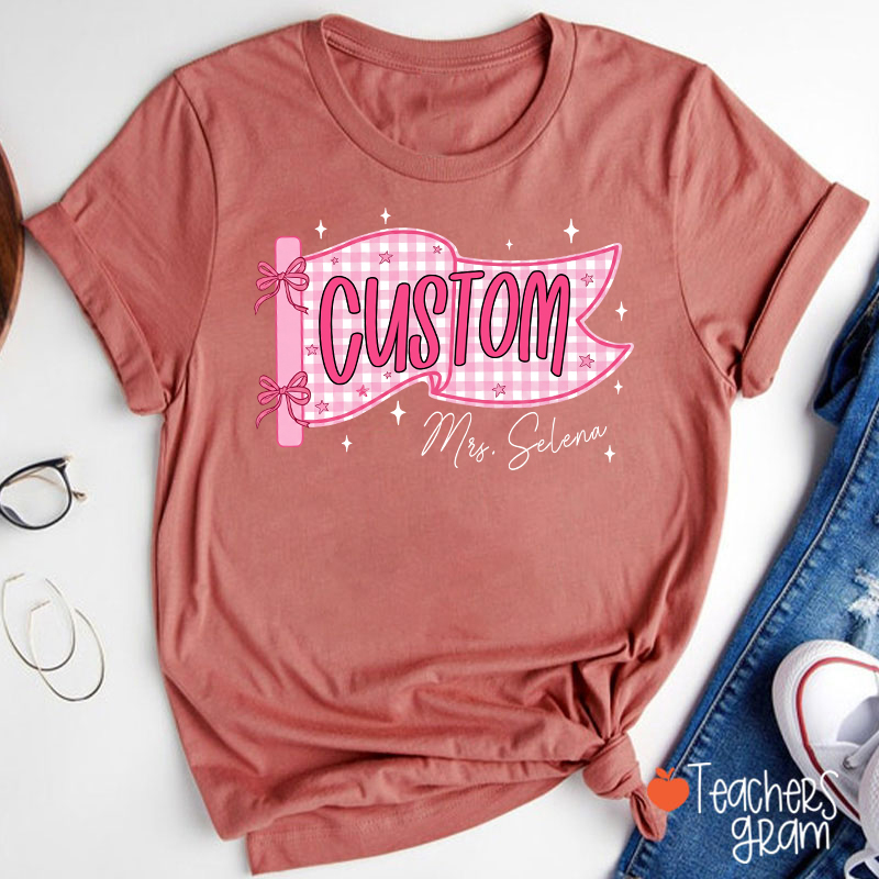 Personalized Name And Grade Gingham Pennant Bow Star Teacher T-Shirt