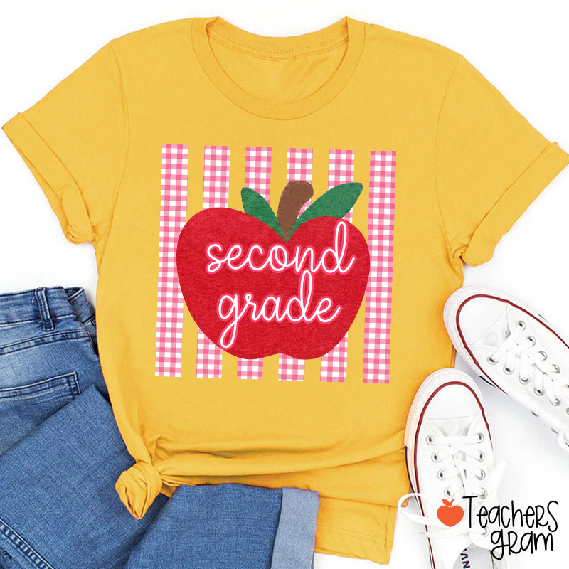 Personalized Grade Gingham Apple Teacher T-Shirt
