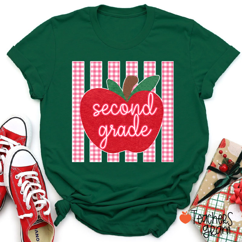 Personalized Grade Gingham Apple Teacher T-Shirt