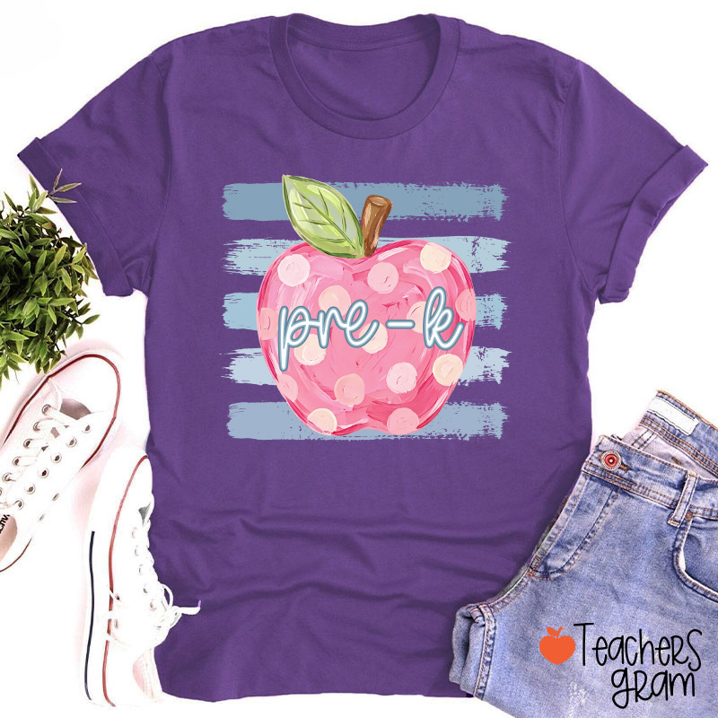 Personalized Grade Pink Polka Dot Apple Blue Brush Stripe Teacher T-Shirt