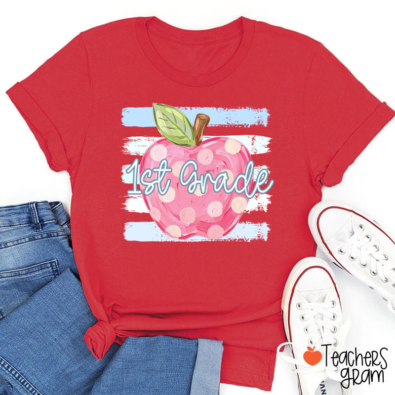 Personalized Grade Pink Polka Dot Apple Blue Brush Stripe Teacher T-Shirt