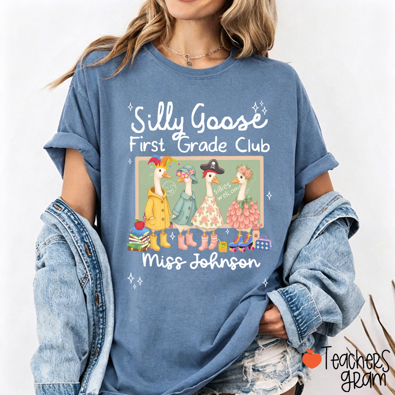 Personalized Grade Name Silly Goose Cartoon Classroom Print Teacher T-Shirt