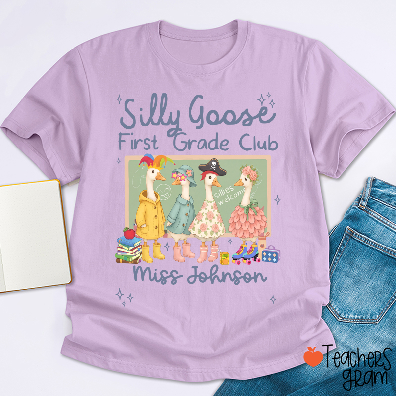 Personalized Grade Name Silly Goose Cartoon Classroom Print Teacher T-Shirt