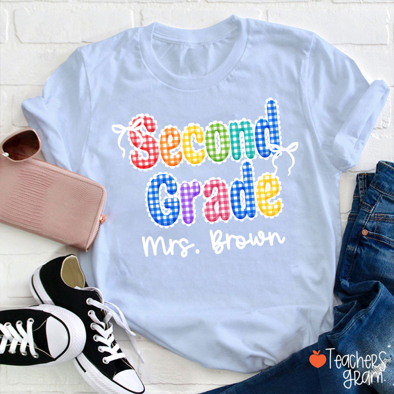 Personalized Grade Name Rainbow Gingham Teacher T-Shirt