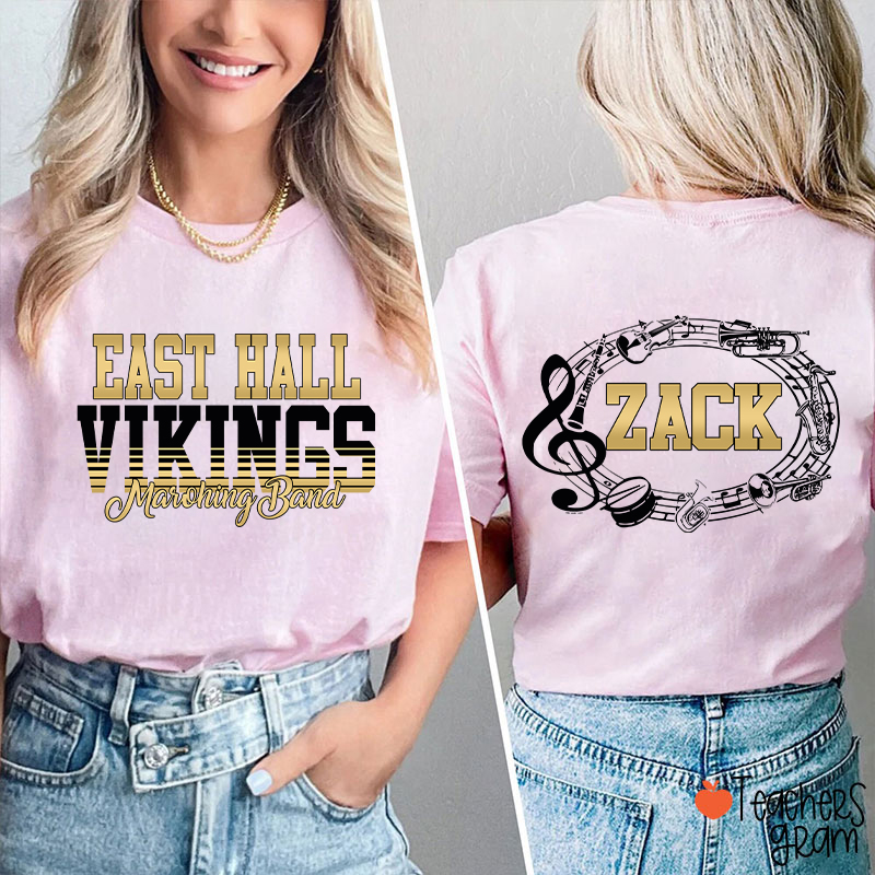 Personalized Band Music Note Mascot Two Sided Teacher T-Shirt