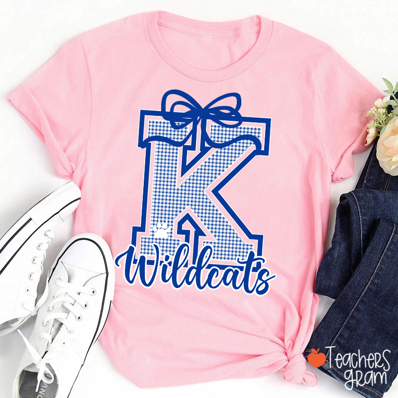 Personalized Mascot Gingham Varsity Coquette Bow Teacher T-Shirt