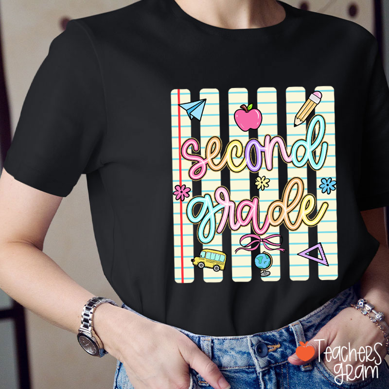 Personalized Grade Notebook Stripes Cute Icons Teacher T-Shirt