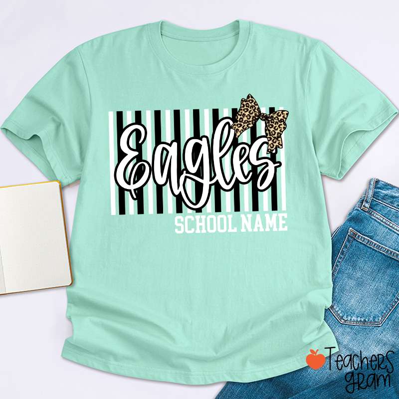 Personalized School Mascot Stripe Leopard Bow Teacher T-Shirt