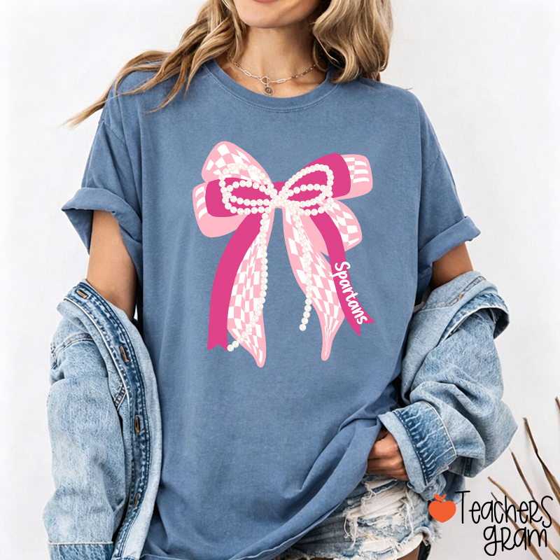 Personalized Mascot Cute Bow School Spirit Graphic Teacher T‑Shirt