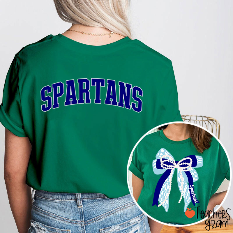 Personalized Mascot Varsity Curved Bow Theme Teacher Two Sided T-Shirt