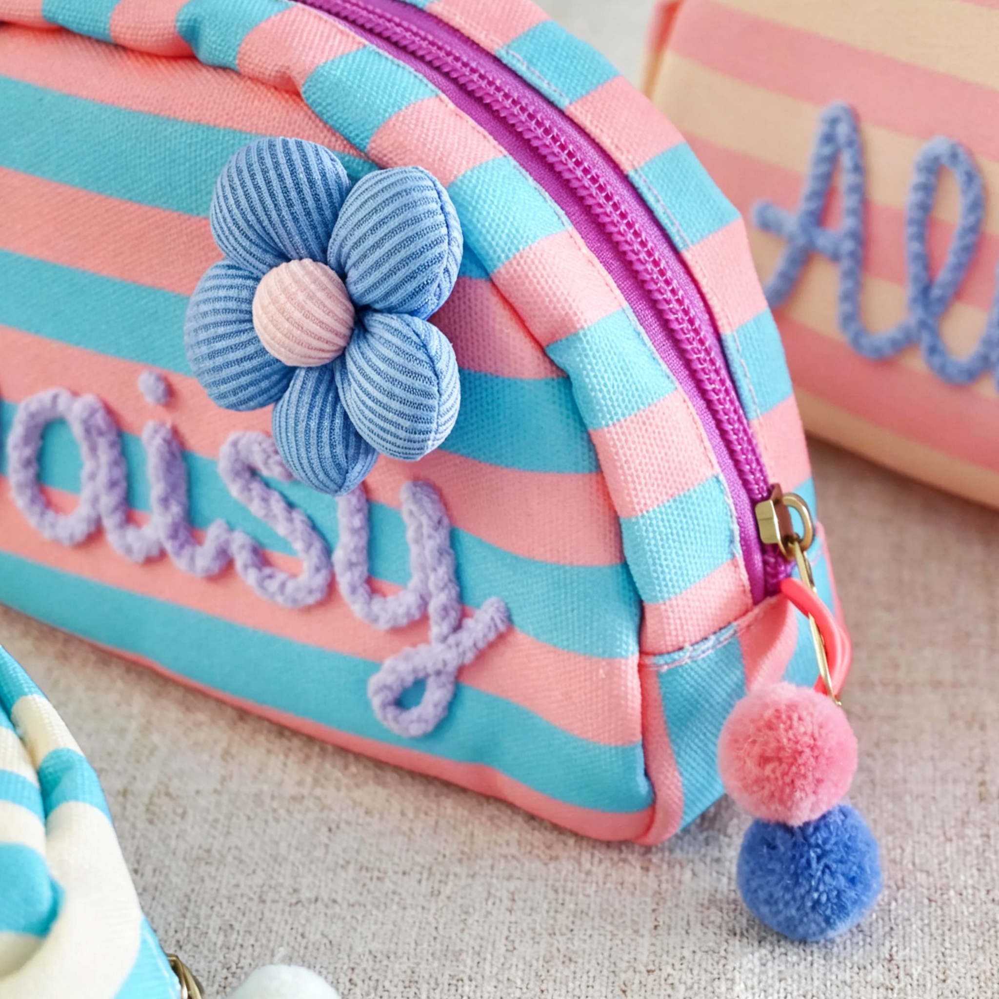 Personalized Embroidered Striped Shell Makeup Bag