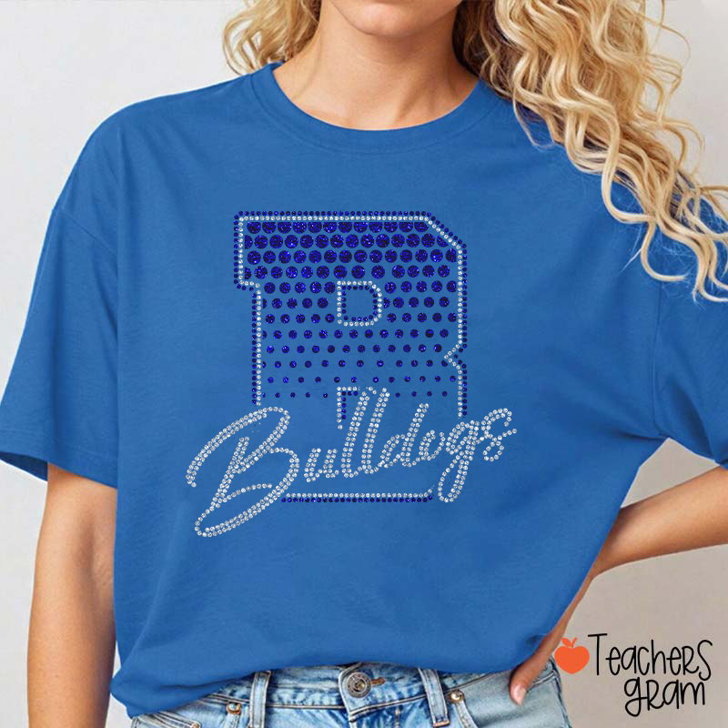 Personalized Mascot Rhinestone Varsity Letter Script Teacher T-Shirt