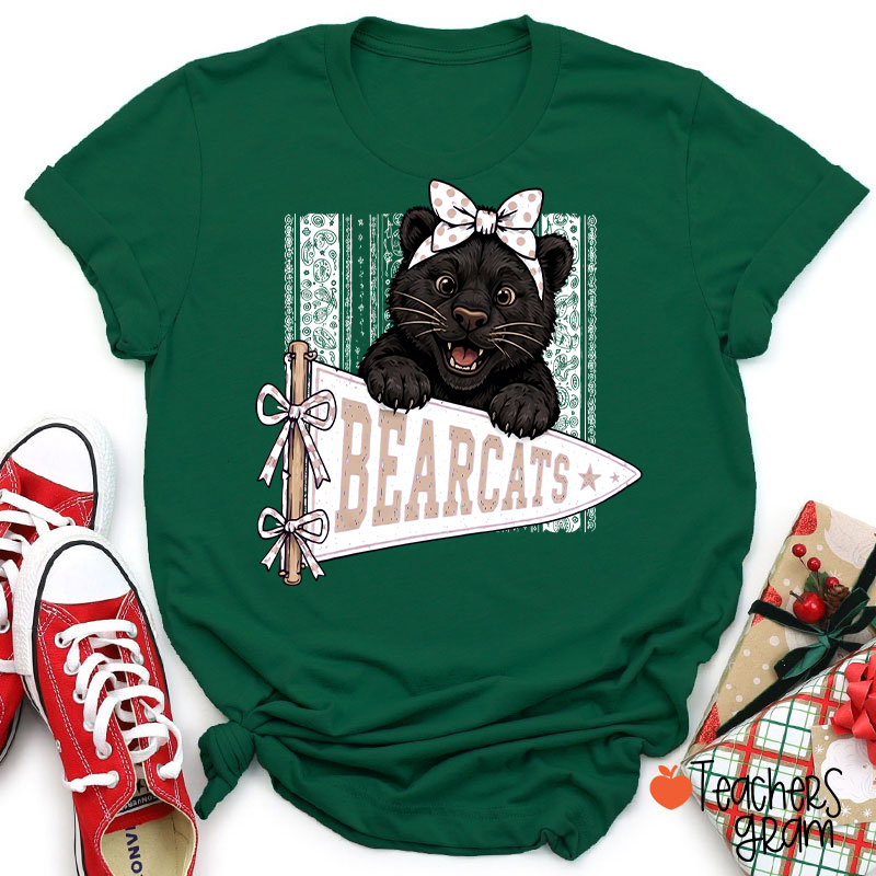 Personalized Mascot Bow Pennant Paisley Striped Graphic Teacher T‑Shirt