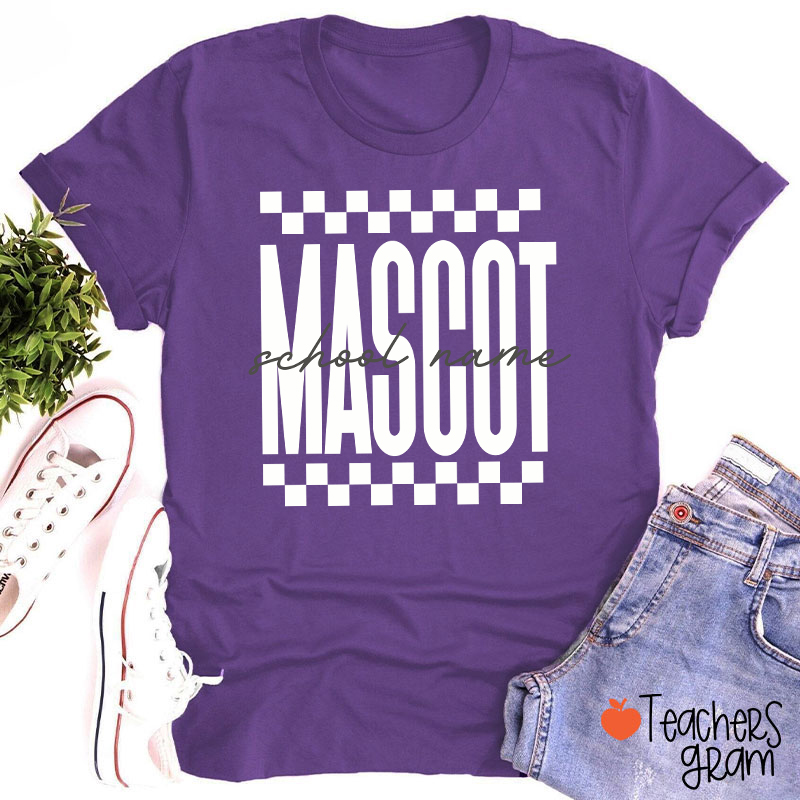 Personalized Mascot Sport Checkered Script Teacher T-Shirt