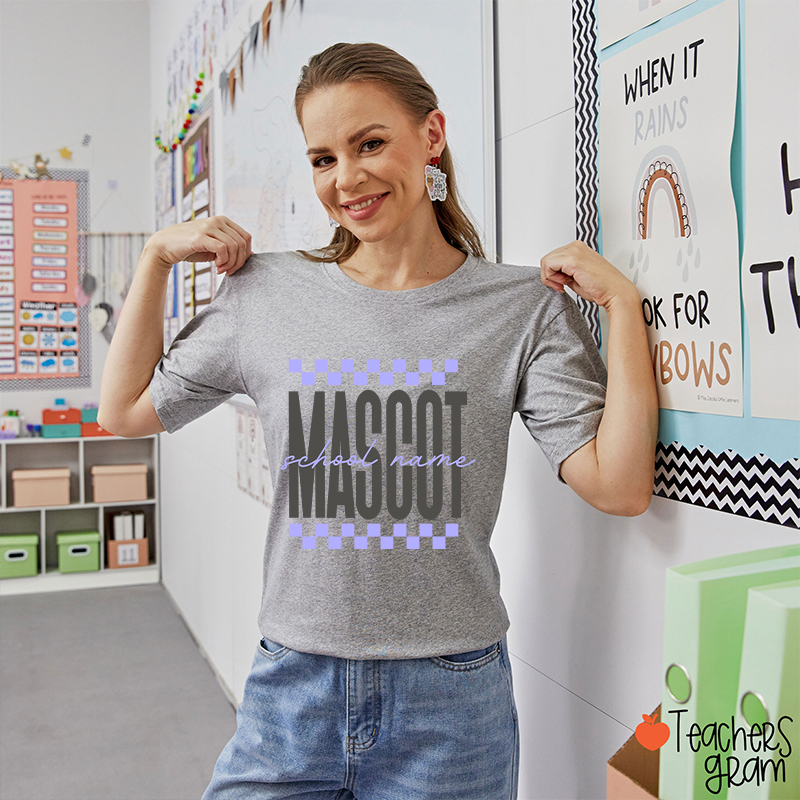 Personalized Mascot Sport Checkered Script Teacher T-Shirt
