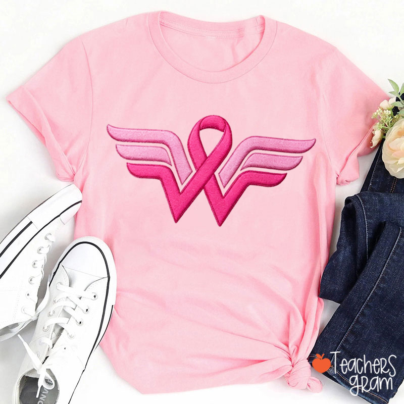 Embroidery Wonder Woman Breast Cancer Awareness T-Shirt