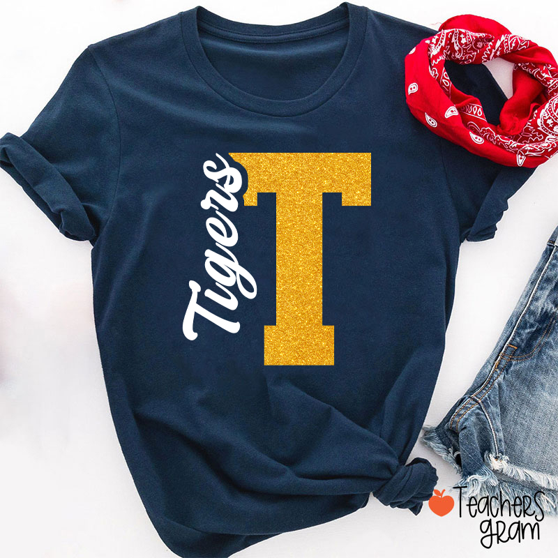 Personalized Mascot Initial Glitter Print Puff Printed Teacher T‑Shirt