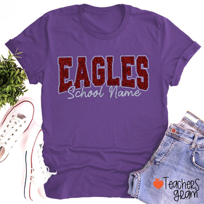 Personalized Mascot School Name Glitter Teacher T‑Shirt
