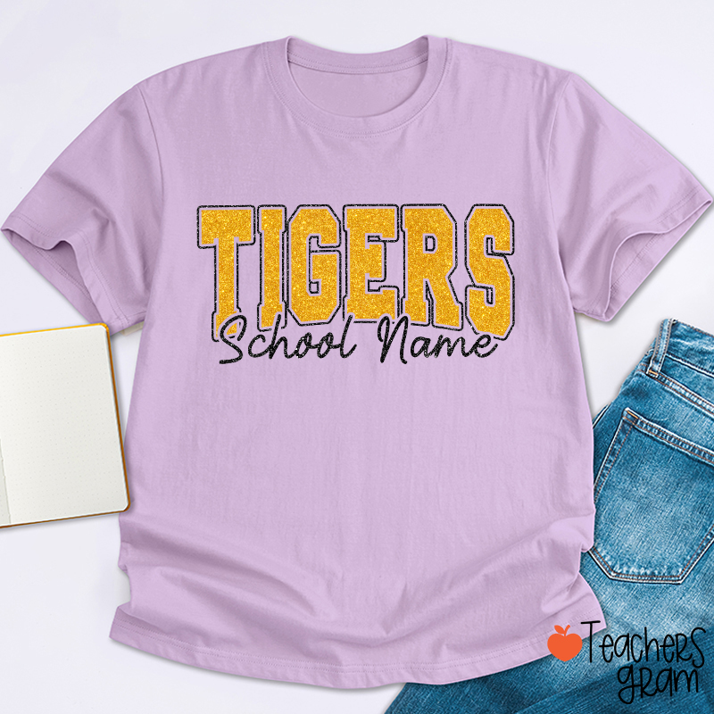 Personalized Mascot School Name Glitter Teacher T‑Shirt