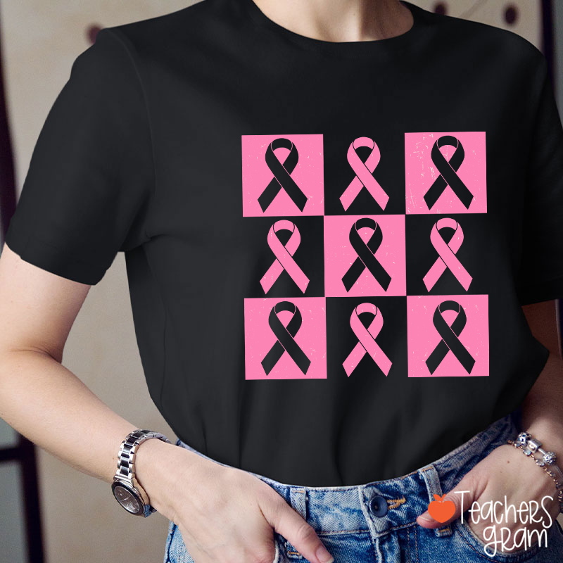 Pink Ribbon Breast Cancer Awareness Teacher T-Shirt