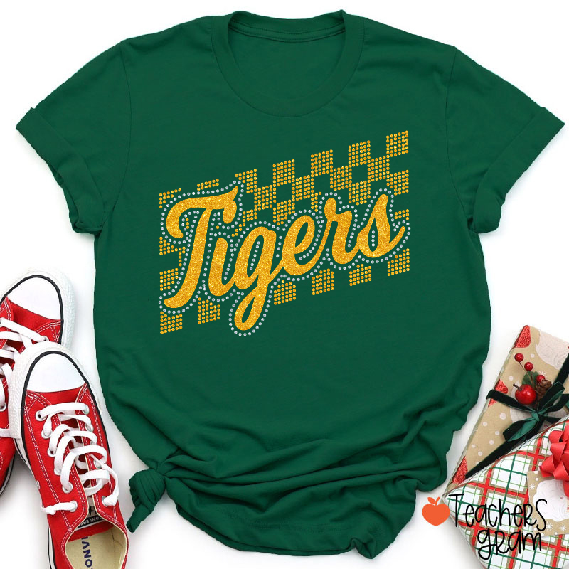 Personalized Mascot Glitter Checkered Script Teacher T‑Shirt