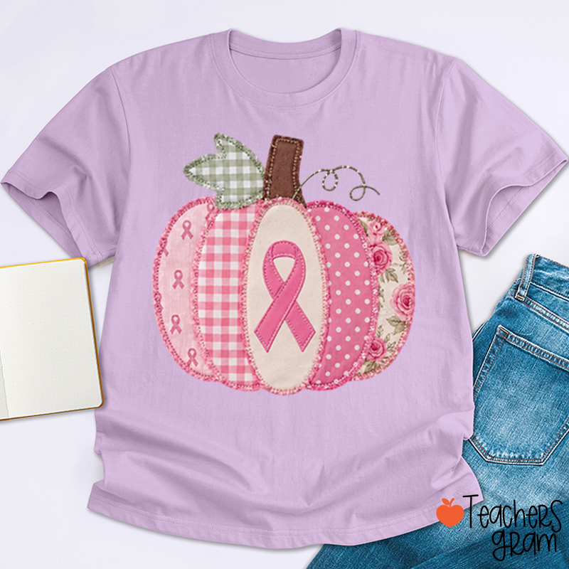 Pink Faux Patchwork Pumpkin Ribbon Teacher T‑Shirt