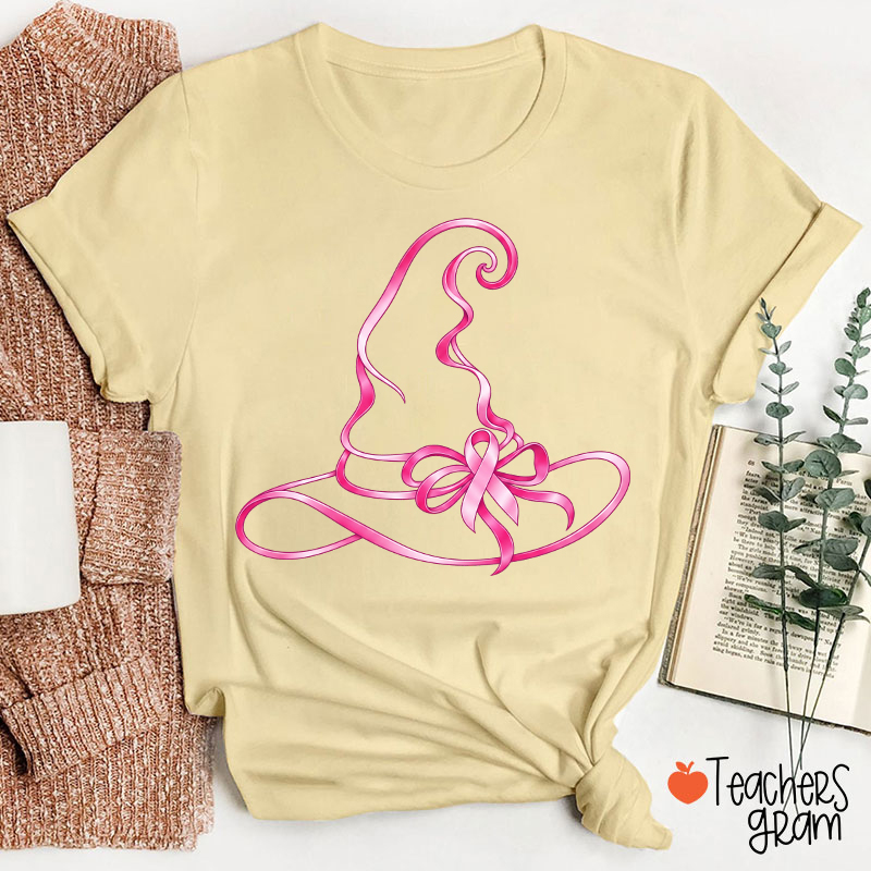Halloween Witch Hat Pink Ribbon Breast Cancer Support Teacher T‑Shirt