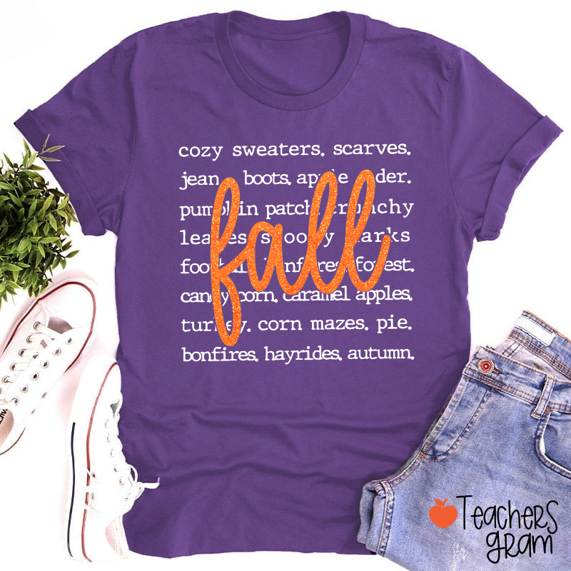 Glitter Fall Autumn Word List Teacher T‑Shirt