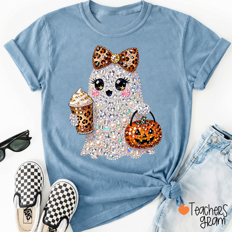 Faux Rhinestone Ghost Leopard Bow Coffee Pumpkin Teacher T-Shirt
