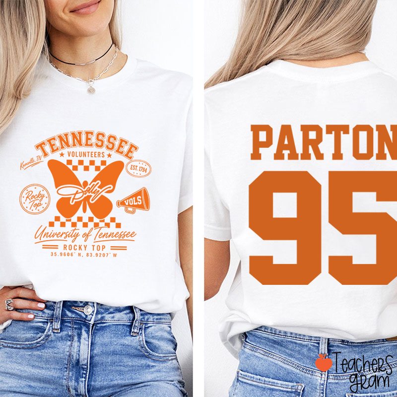 Tennessee Butterfly Rocky Top Parton 95 Teacher Two Sided T-Shirt