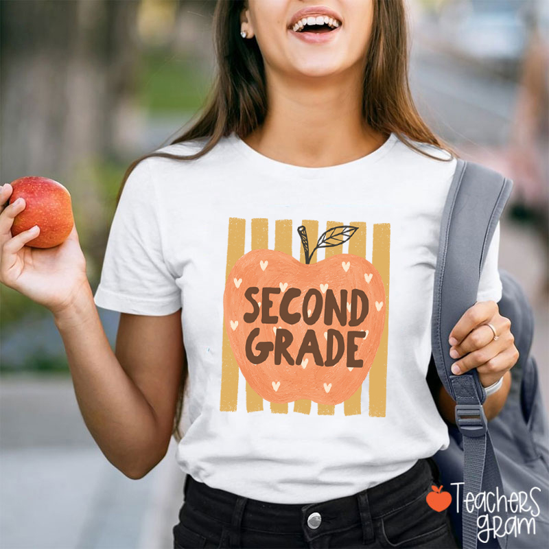 Personalized Grade Heart Apple Vertical Stripe Teacher T-Shirt