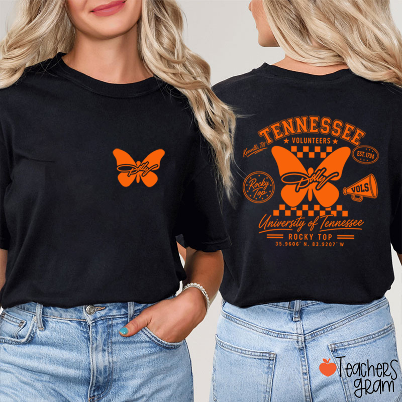 Tennessee Volunteers Rocky Top Butterfly Teacher Two Sided T‑Shirt