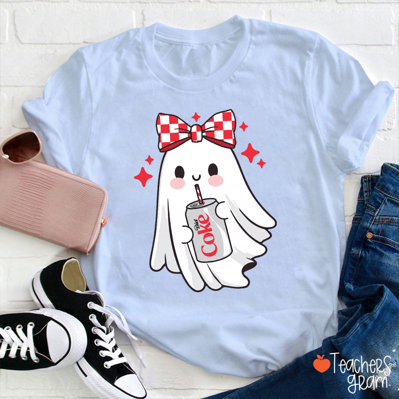 Cute Ghost With Red Checkered Bow Soda Drink Halloween Teacher T-Shirt