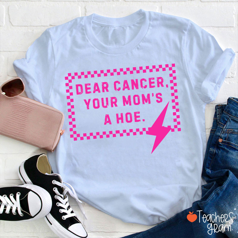 Funny Anti‑Cancer Quote Pink Checker Lightning Bolt Teacher T-Shirt