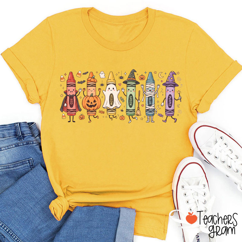 Halloween Cartoon Crayons Character Teacher T-Shirt