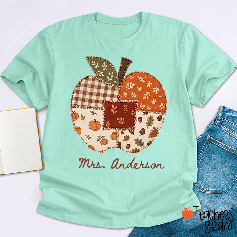 Personalized Name Faux Patchwork Punkpkin Teacher T-Shirt