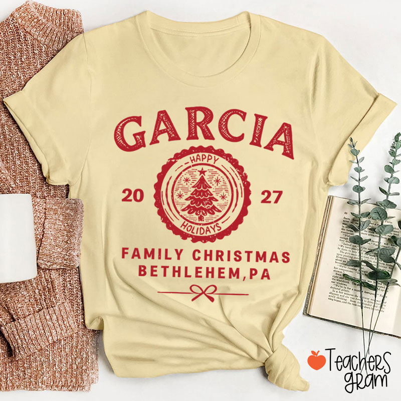 Personalized Vintage Family Christmas Crest Teacher T-Shirt