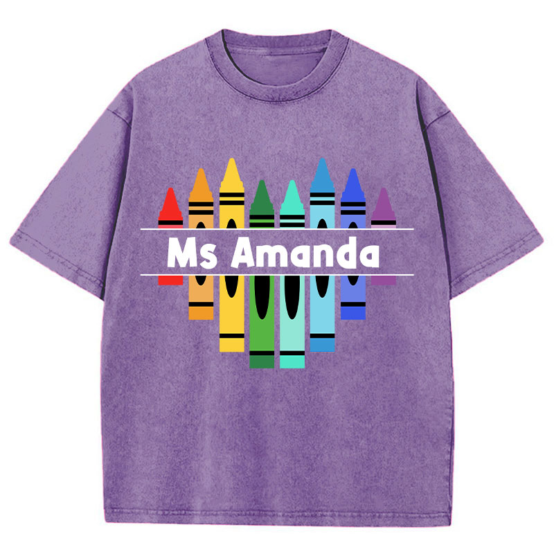 Personalized Name Colorful Crayons Teacher Washed T-Shirt
