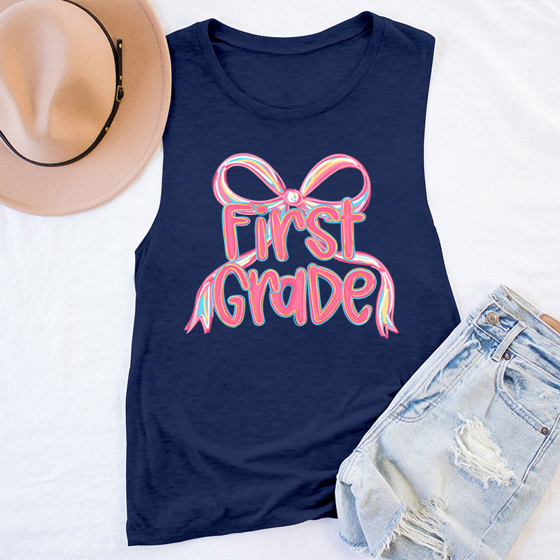 Personalized Grade Pink Bow Teacher Tank Top