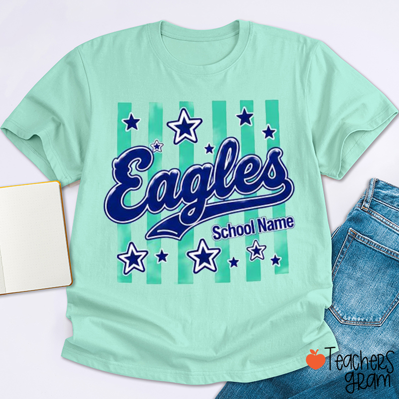 Personalized Mascot School Name Striped Star Script Teacher T-Shirt