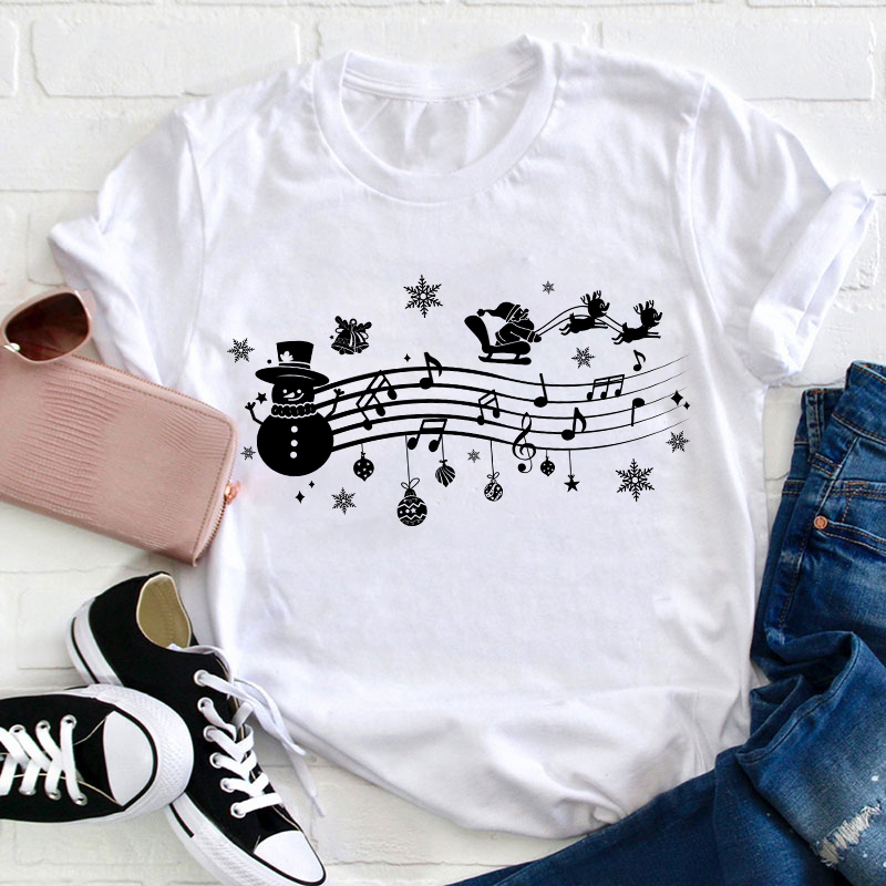 Santa Sleigh Snowman Music Teacher T-Shirt