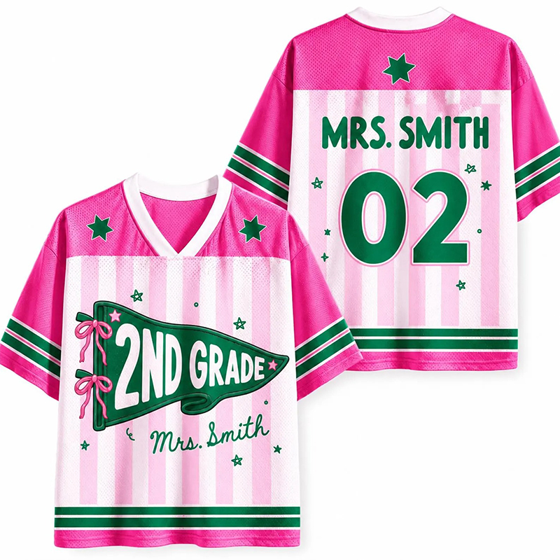 Personalized Grade And Name Preppy Stripes Pennant Fisrt Day Teacher Mesh Jersey