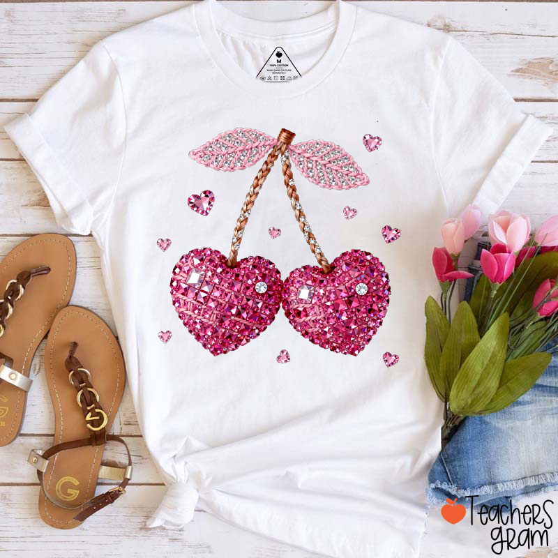 Faux Yarn Sparkle Rhinestone Jeweled Cherry Heart Teacher T-Shirt