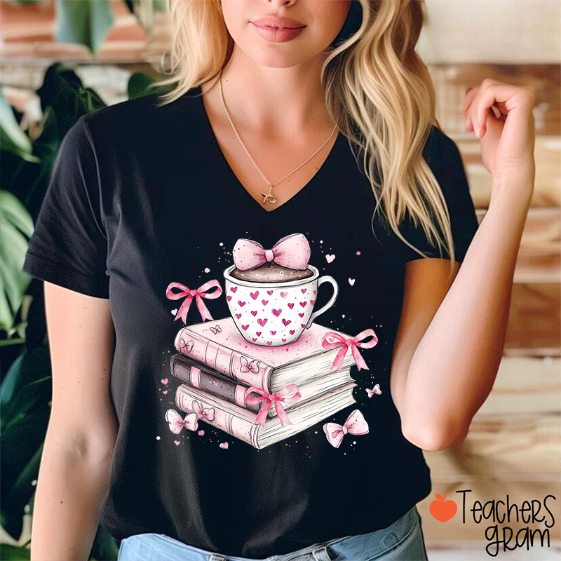 Coffee Books Valentines Day Teacher Female V-Neck T-Shirt