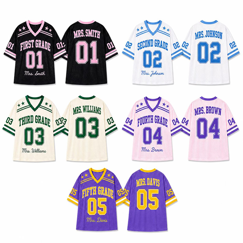 Personalized Grade And Name Preppy Solid First Day Teacher Mesh Jersey