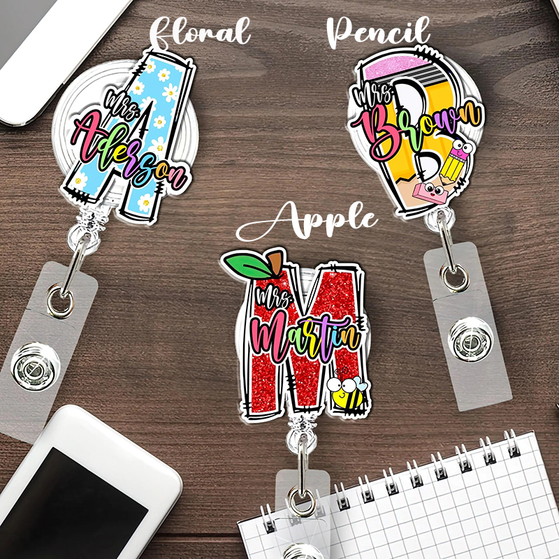 Personalized Name And Initial Funny Letter Teacher Badge Reel